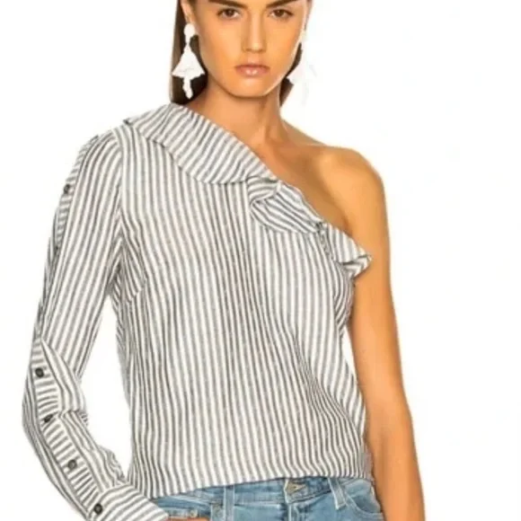 VERONICA BEARD Luisa Striped Blouse Size 4 One Shoulder Asymmetric - Picture 2 of 5
